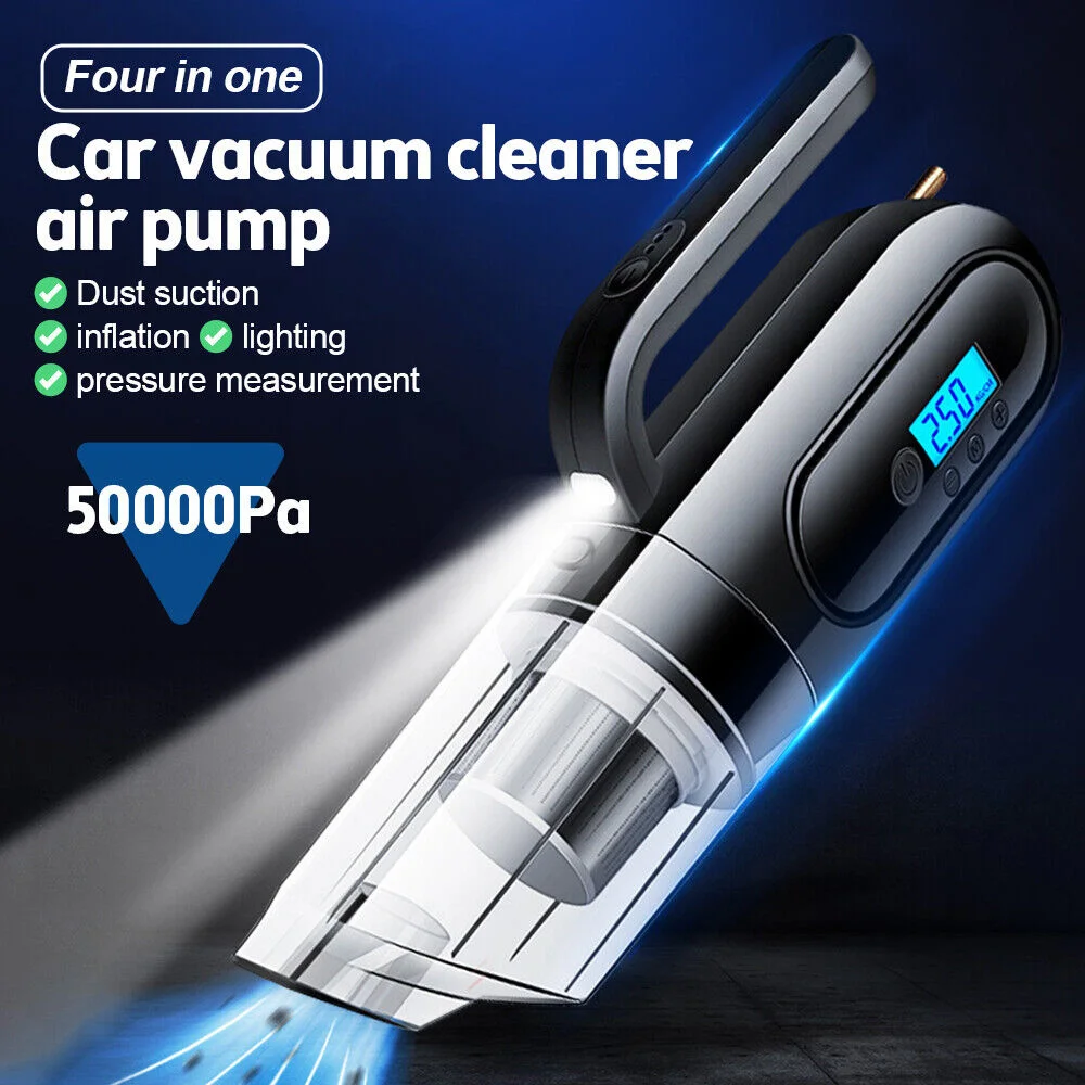 4-in-1 Car Vacuum Cleaner Portable Tire Air Pump Pressure Detection Gauge  LED Light 12V 120W High Power Car Vacuum Cleaning Kit - AliExpress