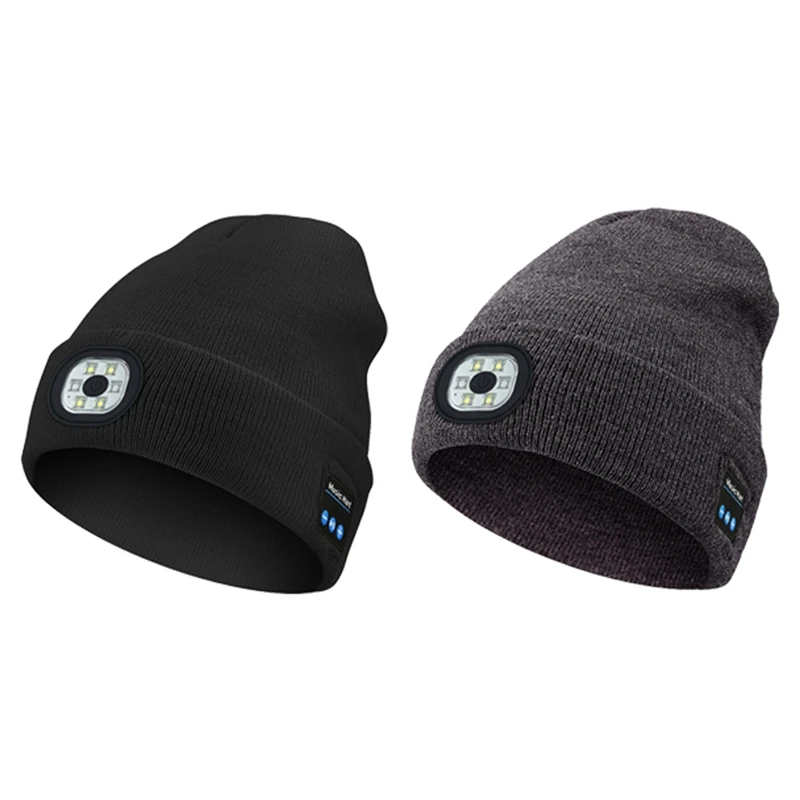 

2Pack Bluetooth Light Hat USB Rechargeable Head Light Lamp Cap With Wireless Headphones Built-In Speaker Mic Gifts