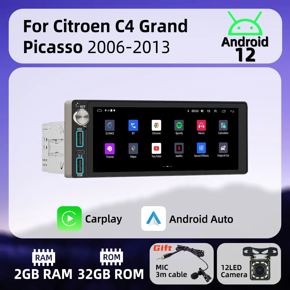 

Carplay Autoradio 6.86" 1Din Radio Android Car Multimedia for Citroen C4 Grand Picasso 2006-2013 Stereo Head Unit GPS Navigation