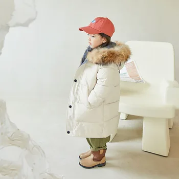 Kids Thicken Warm Down Coat Boys Winter Real Fur Hooded Long Parkas Girls Cotton Down Jackets Outerwears Teen Children Clothing 2