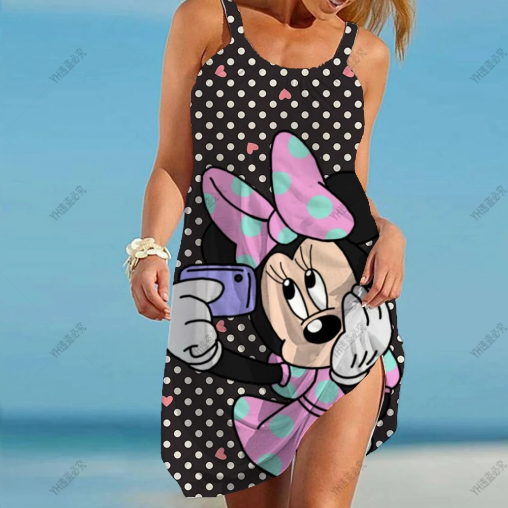 

Women's Dress Disney Minnie Mickey Mouse 3D Dye Print Fashion Sleeveless Loose Kawaii Dress Summer Open Back Casual Sexy Dress