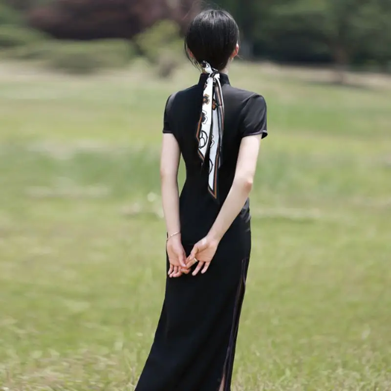 Women Black Cheongsam Short Sleeve Female Chinese Traditiional Long Dress Vintage Qipao S To XXL