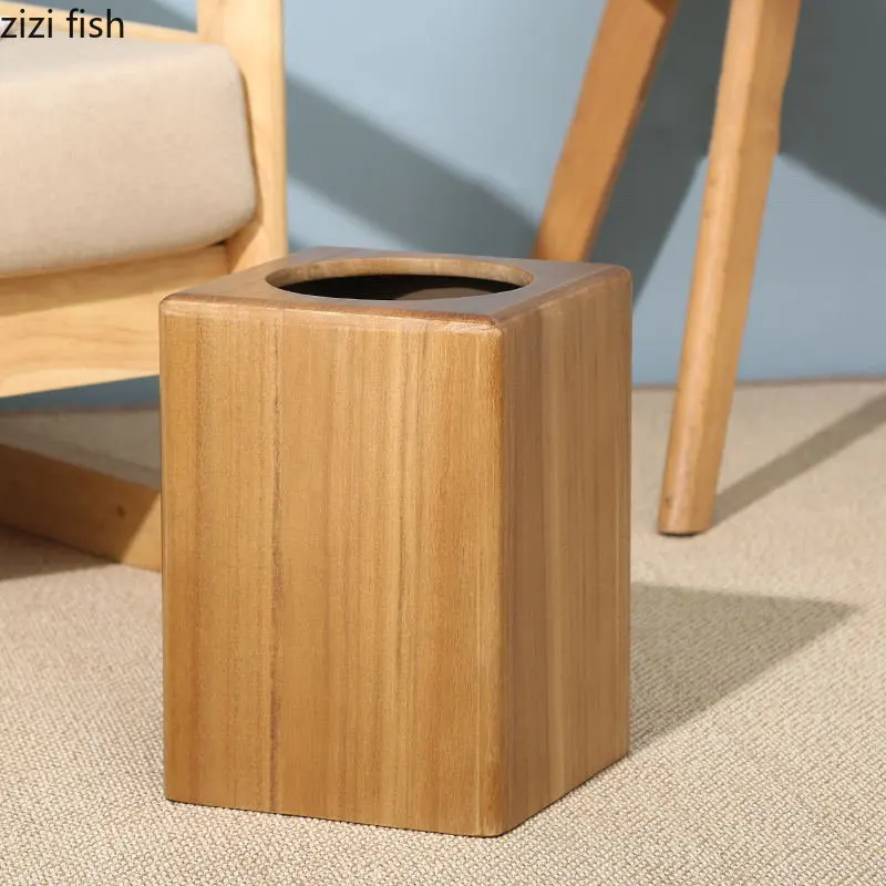 Simple Rectangular Wooden Trash Can PP Liner Storage Bucket Creative