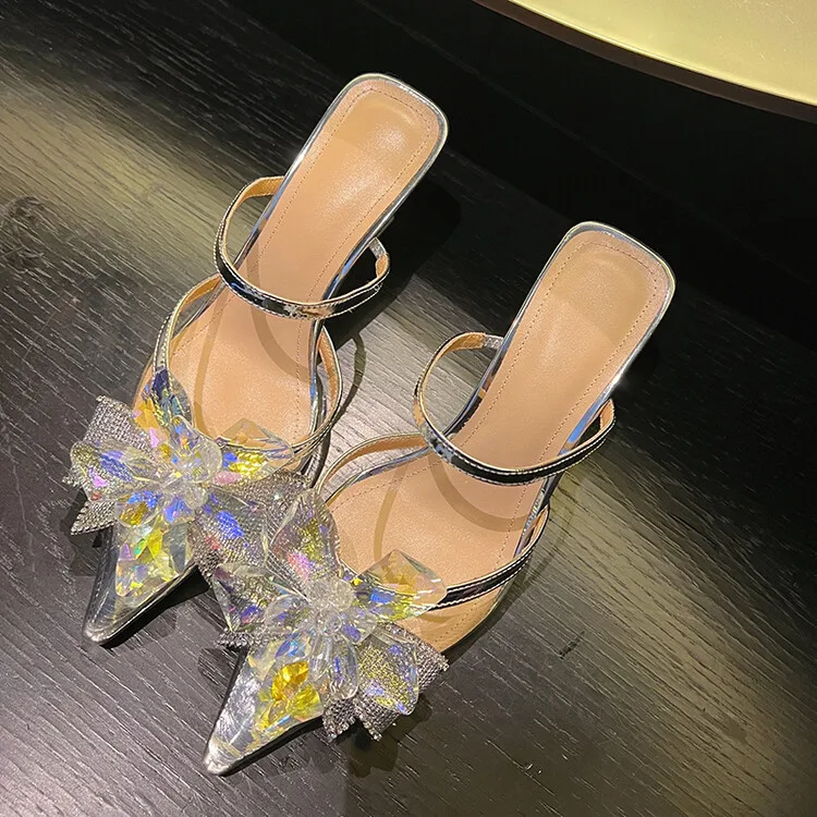 

Transparent PVC Women Summer Slippers Princess Crystal Silver Prom Party Pumps Rhinestone Butterlfy Pointed Sandal Slides Femmes