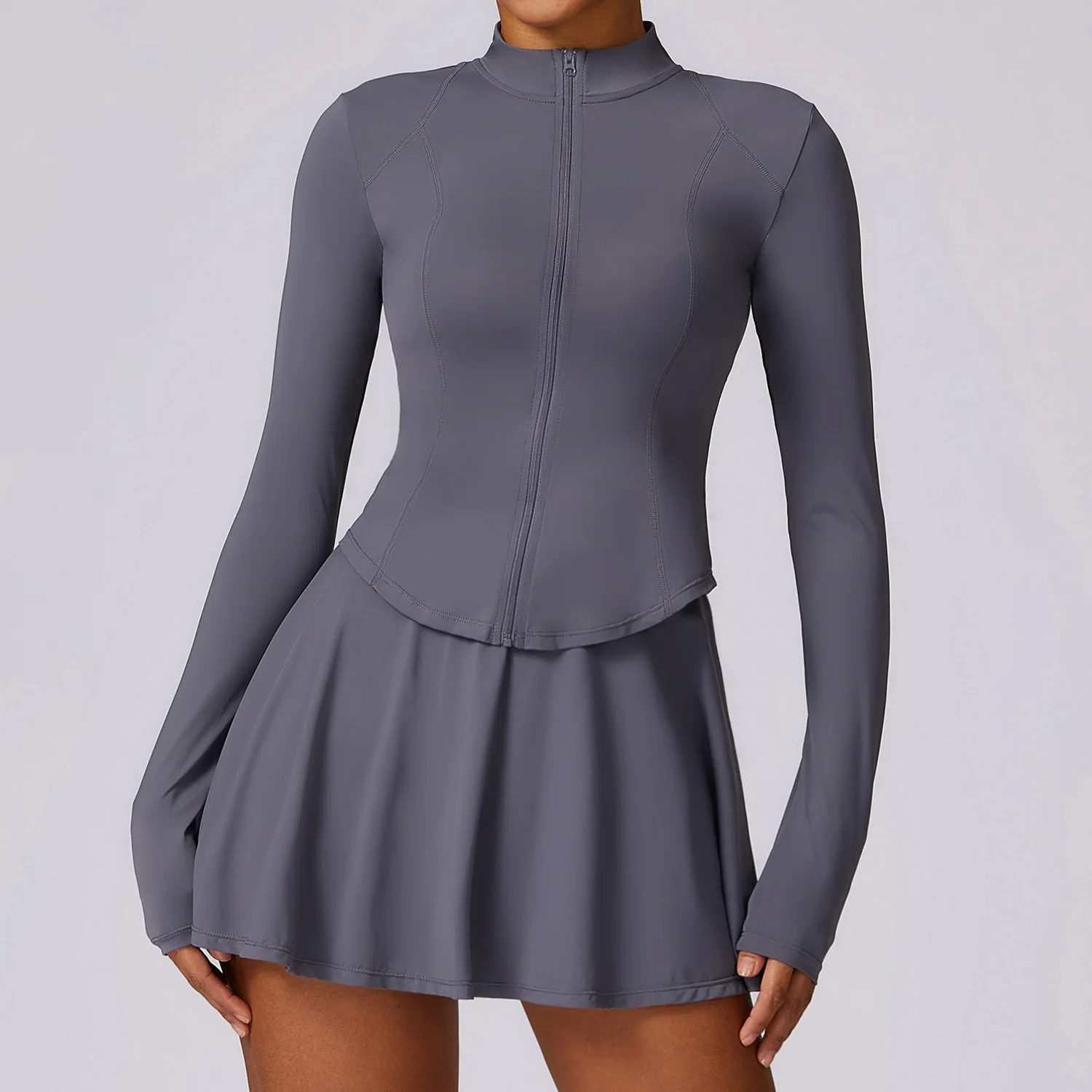 Women's 2-Piece Athletic Yoga Set - Zipper Long Sleeve Top & Sporty Short Skirt