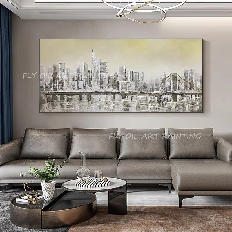 

Large size city building modern 2023 Hand Painted thick grey canvas large size Oil Painting on Canvas Wall Art as a gift unframe