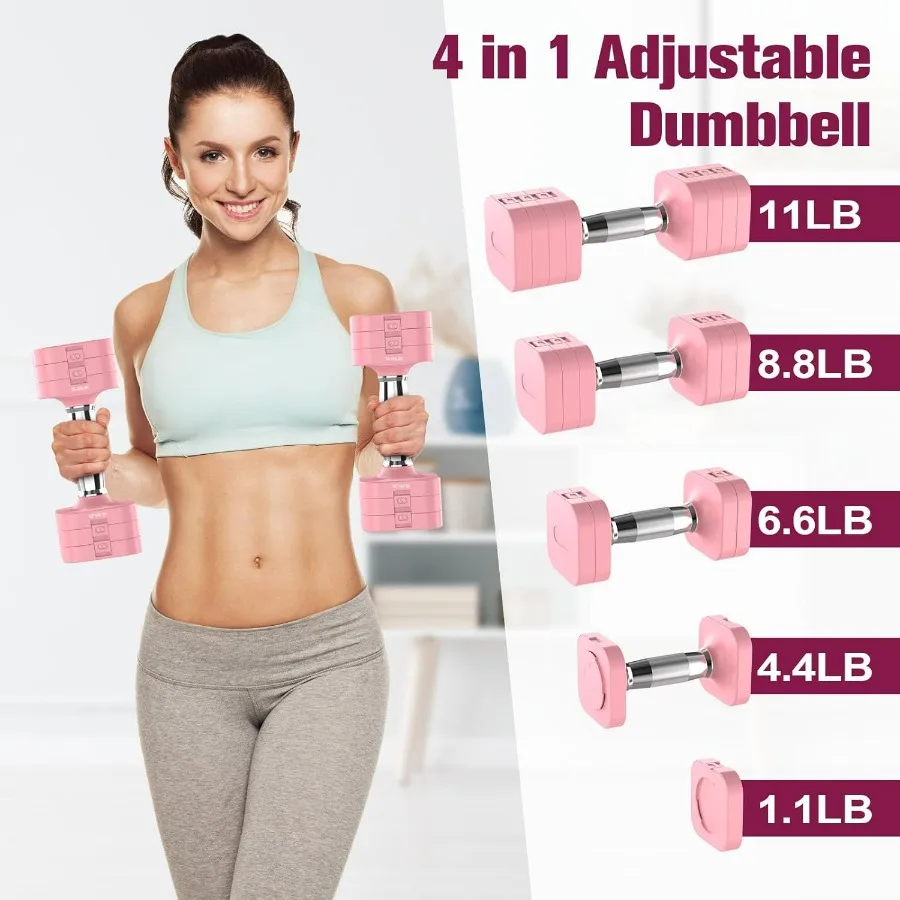 22LBS Adjustable Dumbbells Set, Adjustable Weight Dumbbells with 4 Levels 4.4lb, 6.6lb, 8.8lb, 11lb, Hand Weights Sets for Women