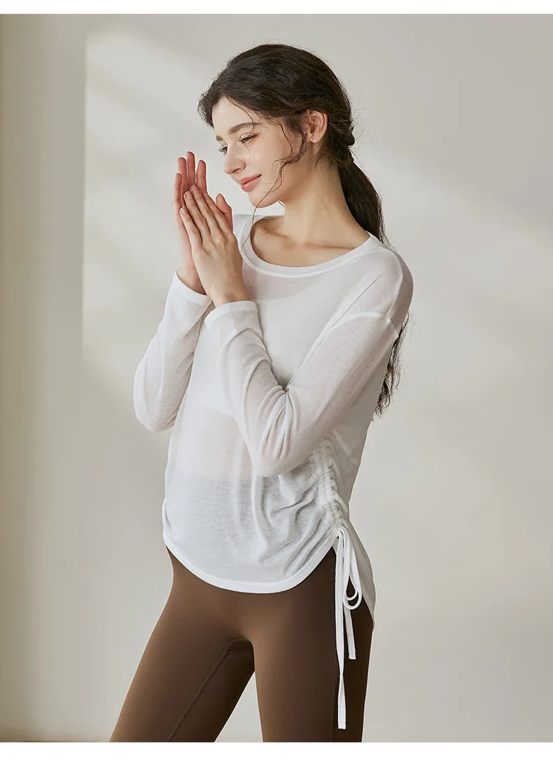 Light Weight Women Long Sleeve Pleated Drawstring Loose Blouse Sports Casual Gym Fitness T-shirts Breathable Comfortable Tops