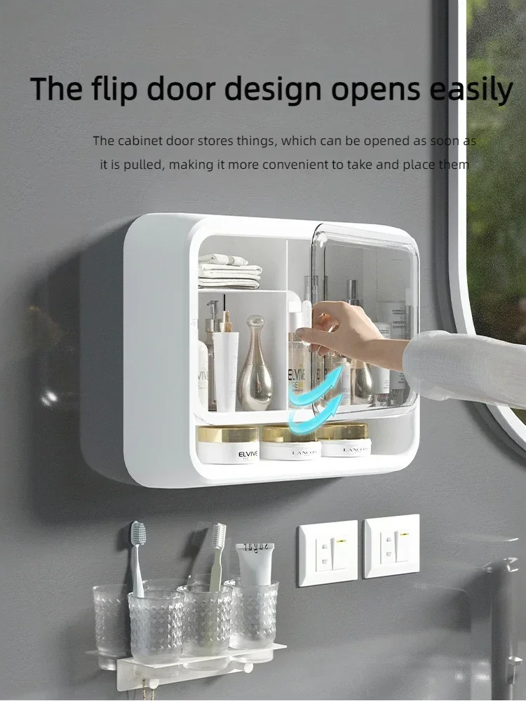 1pc Punch Free Dust-proof Storage Rack With Lid, Household Large Capacity Storage Shelf For Wall-mounted Cosmetics Storage Box 5