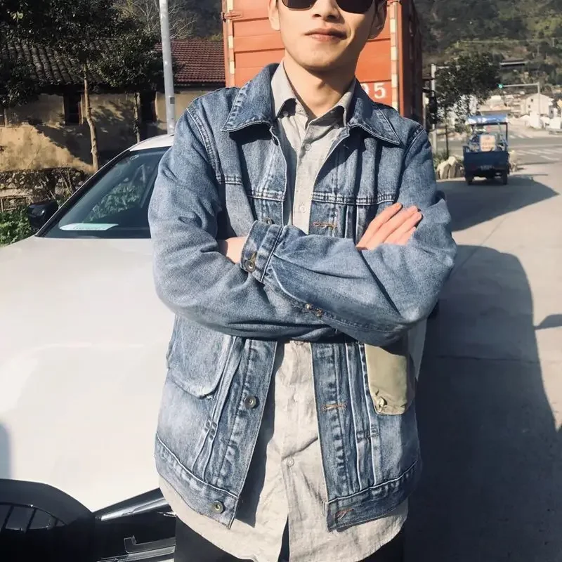 

Male Jean Coats Spliced Button Blue Men's Denim Jacket Lxury Vintage Elatic in Lowest Price Size L Original One Piece Loose G