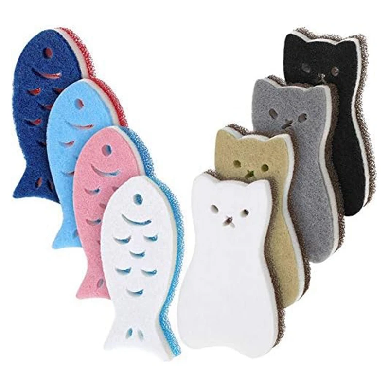 

8 Pieces Kitchen Scrub Sponges Cats Fish Dishwashing Scrubber Non-Scratch Multi-Use Sponges