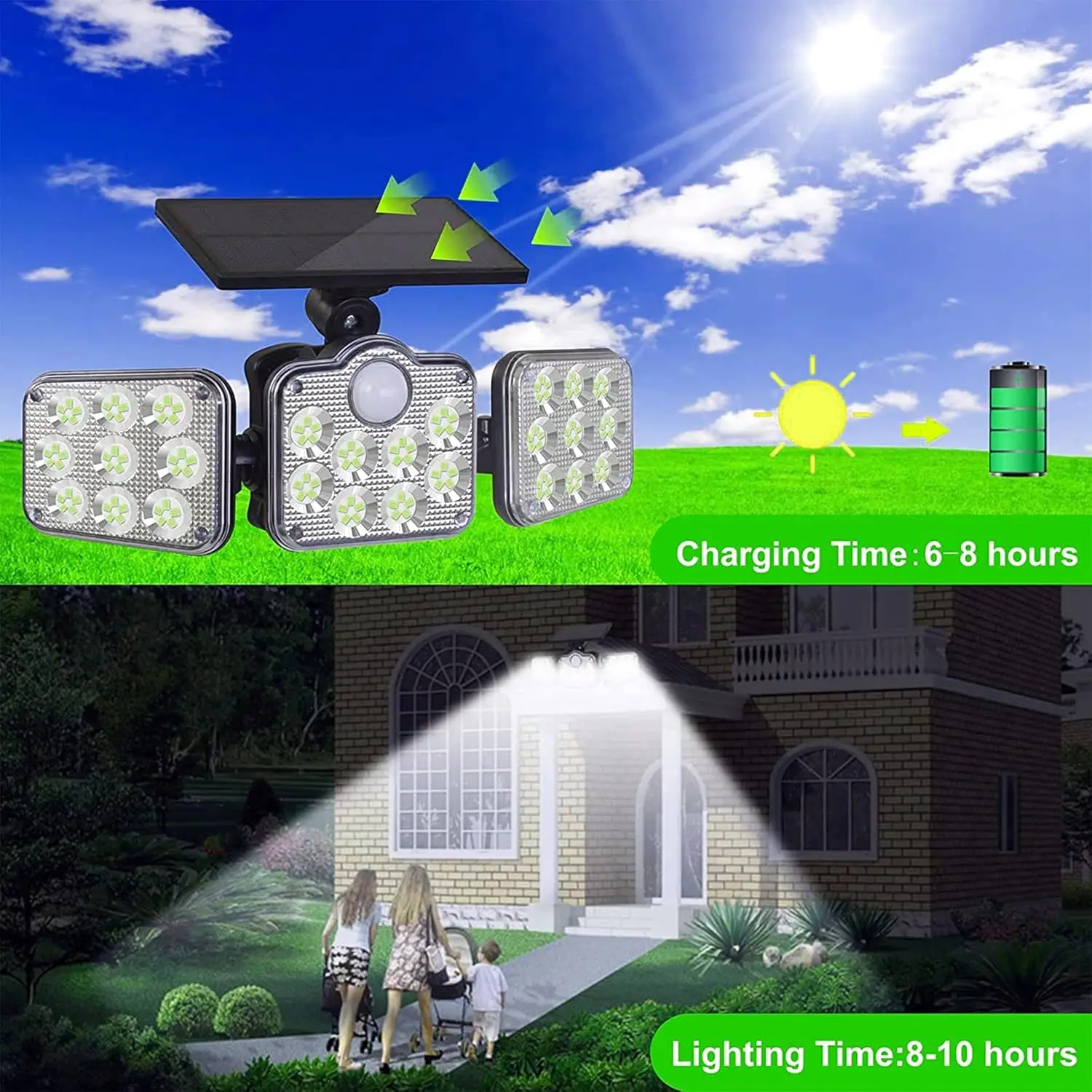 Outdoor Solar Light 3 Head Motion Sensor 270 Wide Angle Illumination Waterproof