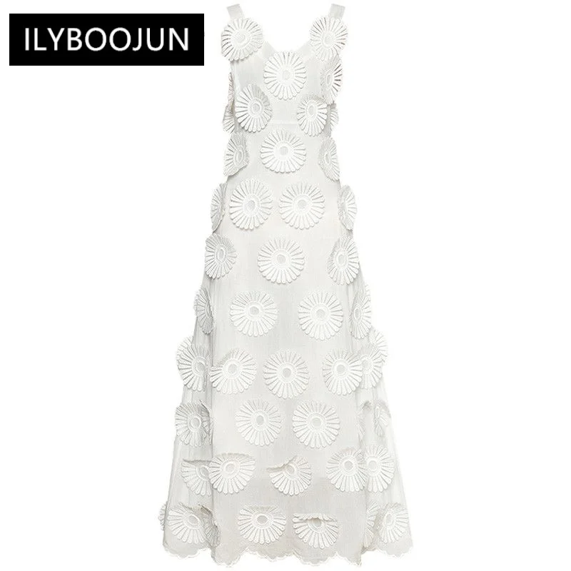 

Summer Fashion Designer White Elegant Vest Dress Women V-neck Sleeveless Backless Appliques High Waist Slim Long 2023 Luxury