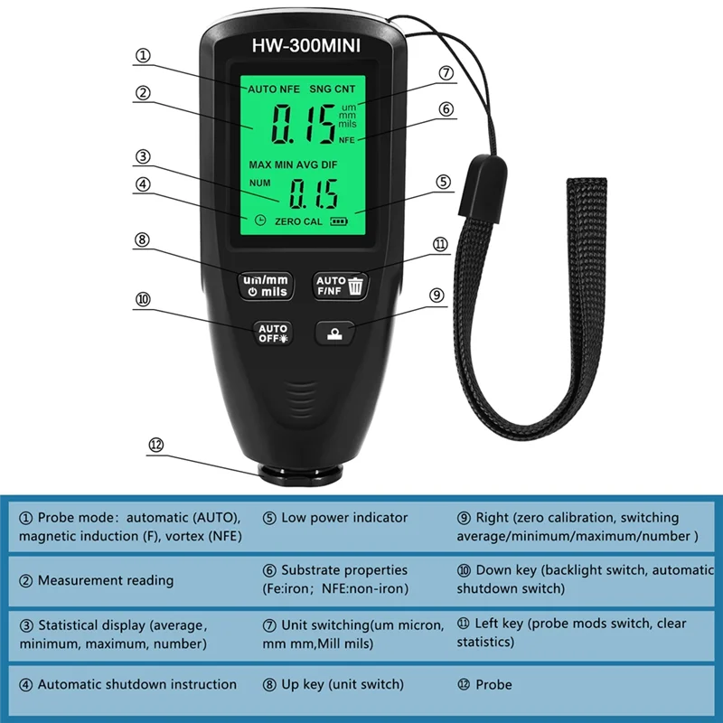 HW300MINI 디지털 두께 게이지 테스터, 자동차 페인트 측정기, 페인트 층 측정 장치 도구, 검정