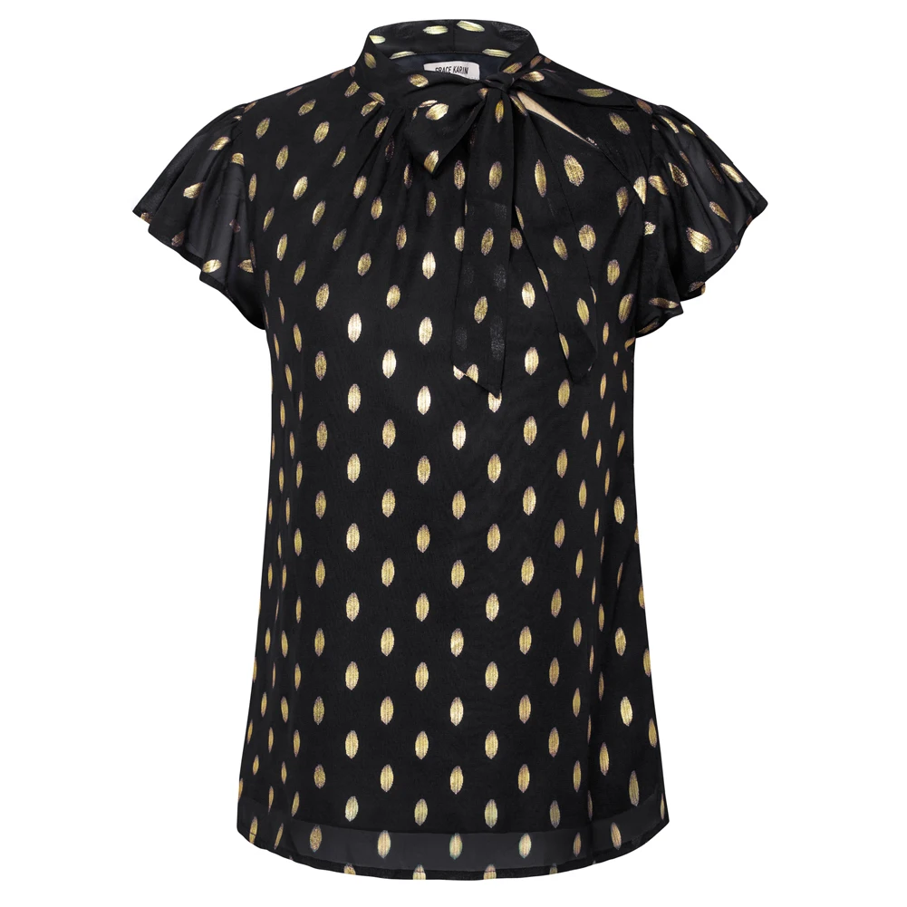 

Grace Karin Women Hot Stamping Blouse Casual Short Sleeve T-shirt Stand Collar Pullover Tops Silky Elegant Ladies Shirts