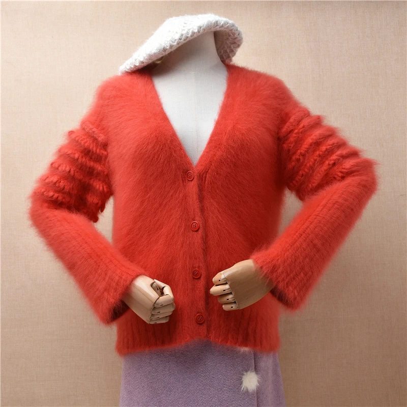 

Ladies Women Fall Winter Clothing Soft Hairy Plush Mink Cashmere Knitted V-Neck Wave Slim Cardigans Angora Fur Jacket Sweater