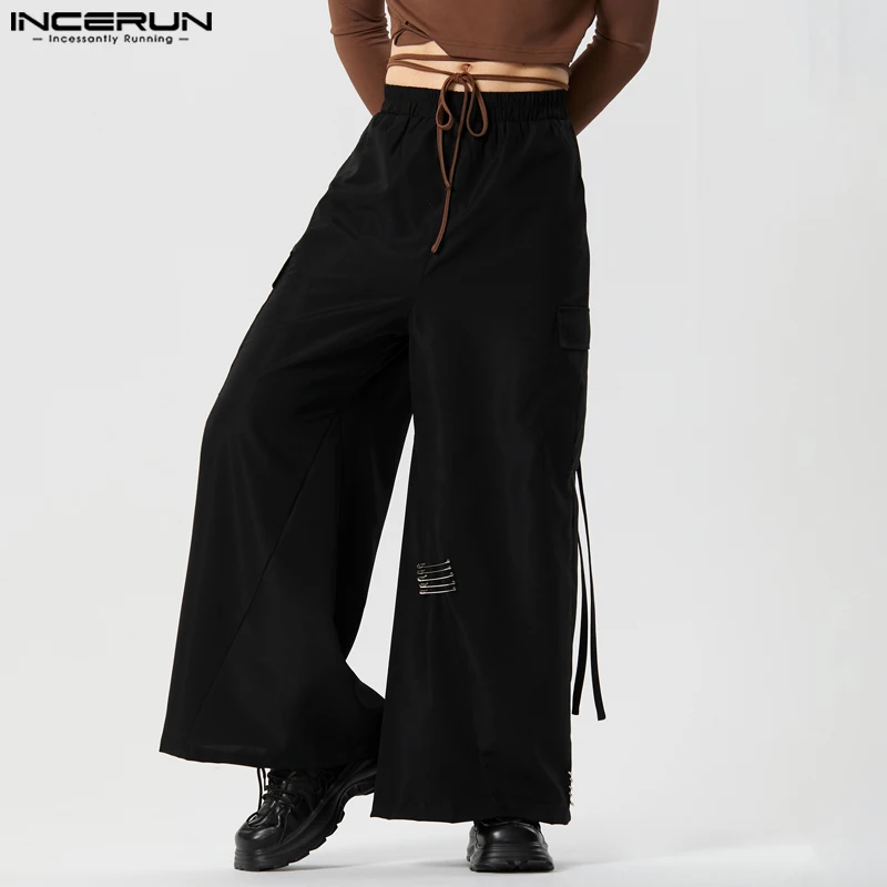 

Брюки-карго INCERUN мужские с эластичным поясом, однотонные джоггеры, уличная одежда, модные Свободные повседневные брюки с карманами, 2023