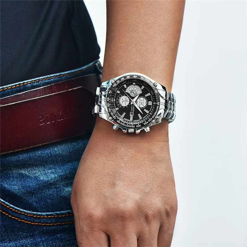 Original XINEW Brand Men Watches Black Fashion Casual Alloy Band Date Gifts Quartz Wrist Watch Silver Relogios Masculinos 2025