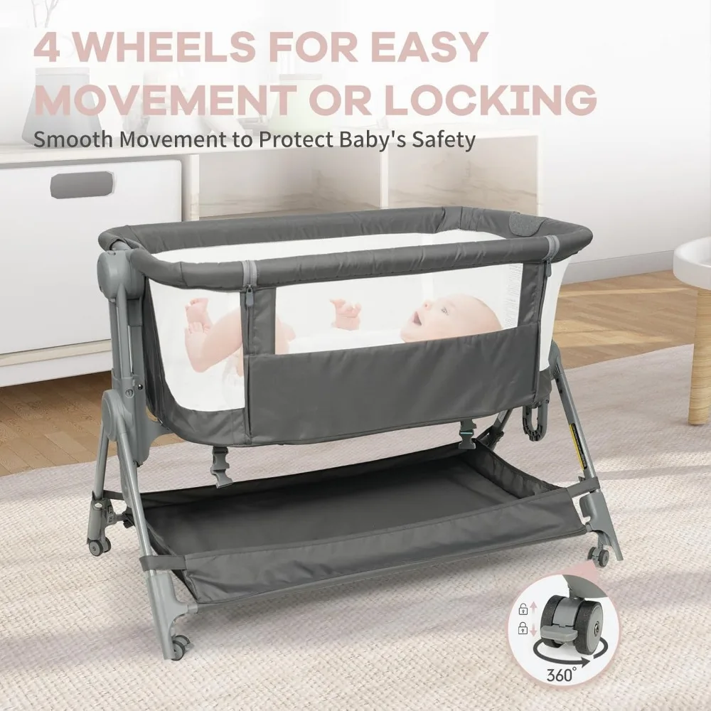 Baby Bassinet Bedside Crib, 5 Height Adjustable Bedside Crib, Newborn Portable Bassinet with Wheels, U-Shaped Diaper Table 5