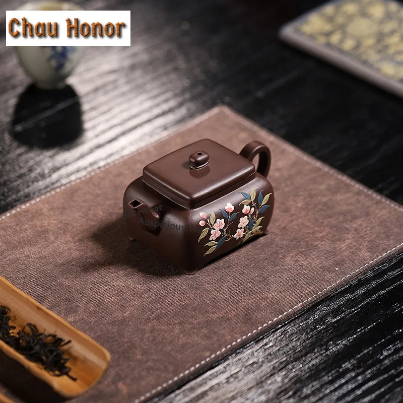 180ml Retro Yixing Purple Clay Teapots Famous Artists Handmade Square Pot Raw Ore Mud Kettle Chinese Zisha Teaset Cha Collection