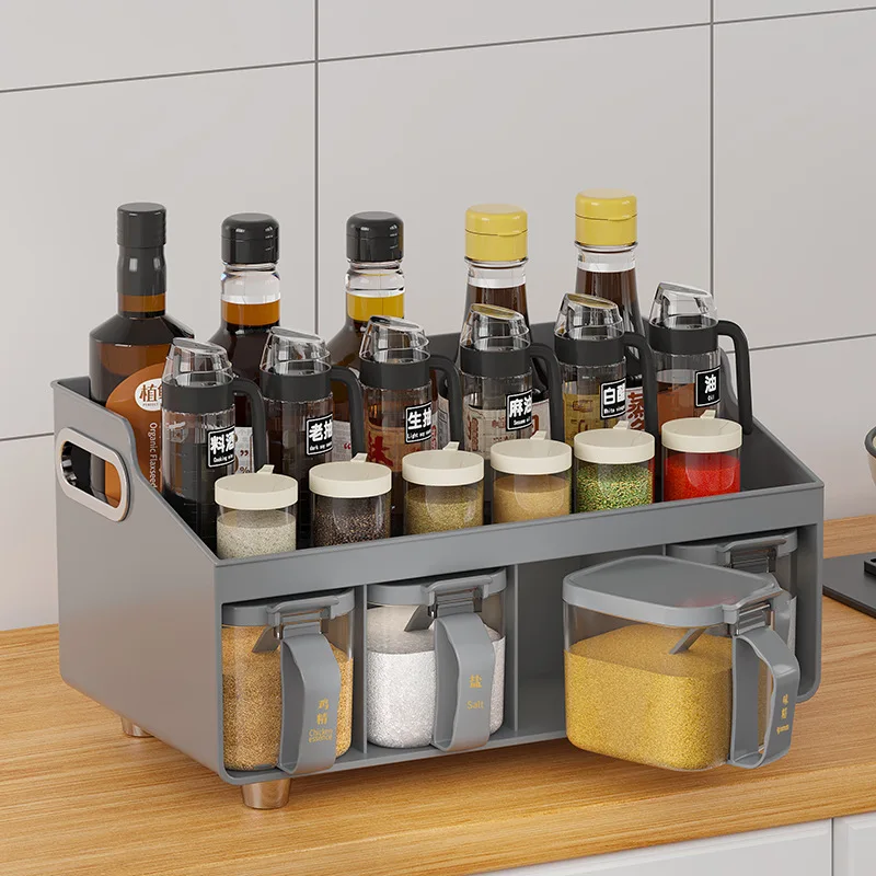 All-in-one Kitchen Spice Organizer Drawer Spice With Spoon And Lid 4-Cell Seasoning Storage Box With Top Table And handle