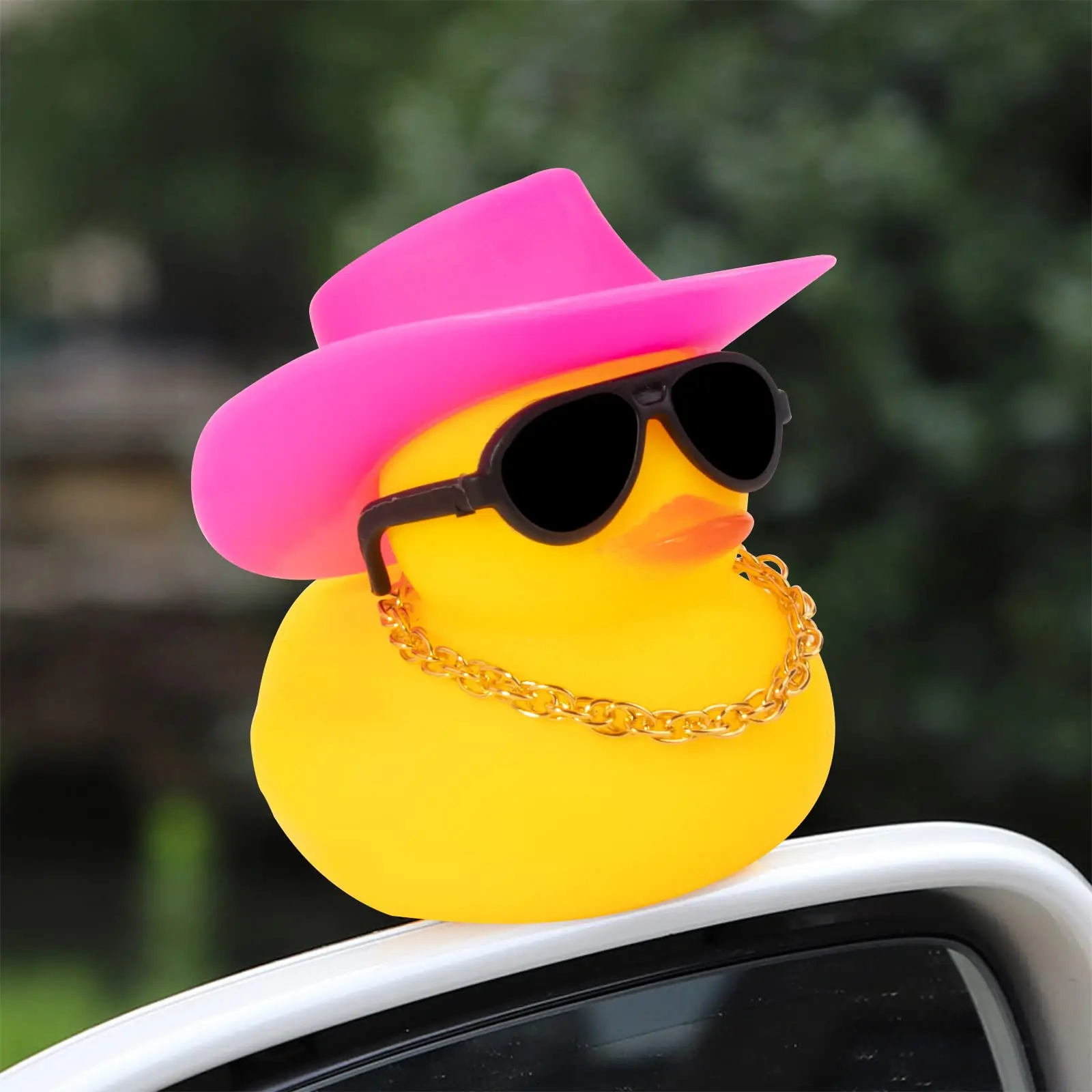 Rubber Car Duck Decoration Dashboard Car Ornament , Accessories with Mini Sun Hat Swim Ring Necklace and Sunglasses 6