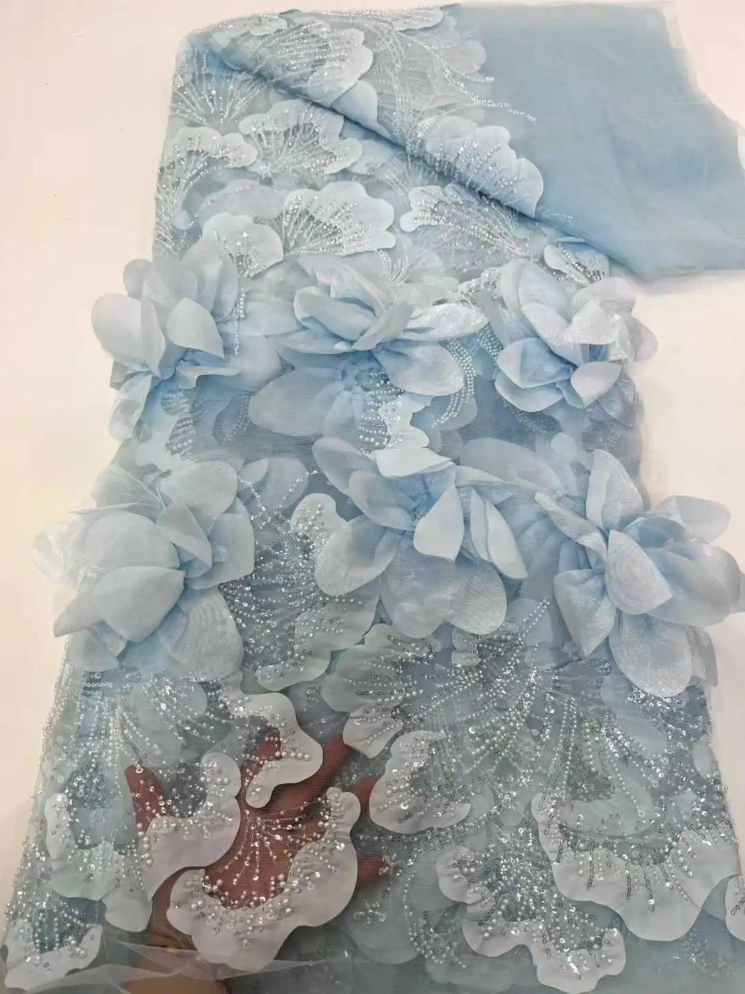 Lace Net Material 3D Flowers In blue French Lace Fabric 2025 High Quality Lace Net ...