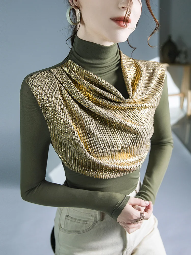 

Elastic Mesh Long Sleeved T-shirt Autumn and Winter High Collar Sequin Splicing Scarf Collar Fashion Top Gothic