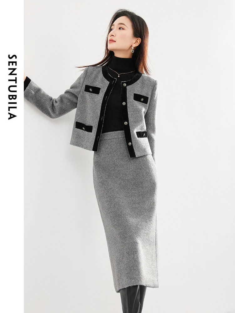 

SENTUBILA Light Grey Wool Blend Tweed Set O-neck Cropped Woolen Coat Split Midi Skirt 2024 Spring New In Matching Sets 134Z52773