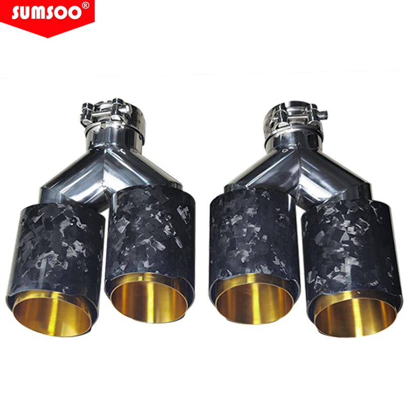 

Оригинальный двойной кованый глушитель SUMSOO1pair L & R из углеродного волокна и золотистого хромированного нержавеющего автомобильного выхлопного наконечника, двухсторонний глушитель для модификации трубы
