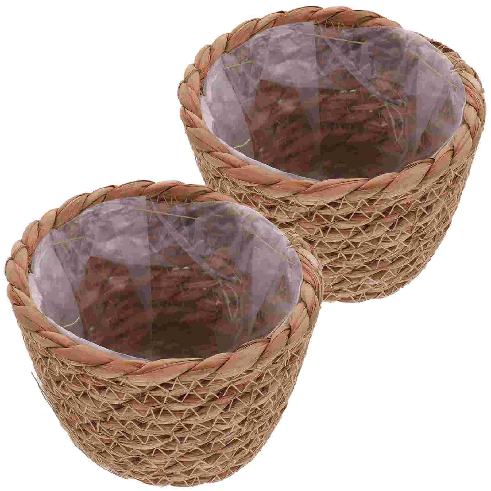 

2 Pcs Straw Flower Pot Garden Baskets Woven Plant Indoor Rustic Planter Pe Film