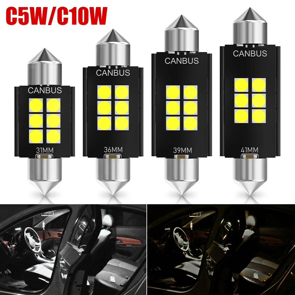 

2PCS C10W LED High Brightness Bulb 31mm 36mm 39mm 42mm C10W 12V Reading Lamp Car Interior Light White 6000k Error Free
