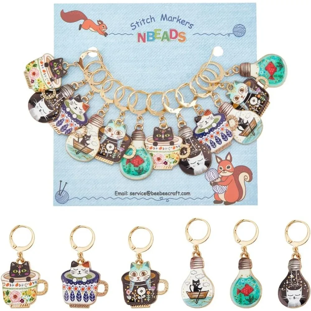 12 Pcs Cup Cat Stitch Markers, 6 Colors Alloy Enamel Cat Crochet Stitch Marker Charms Removable Locking