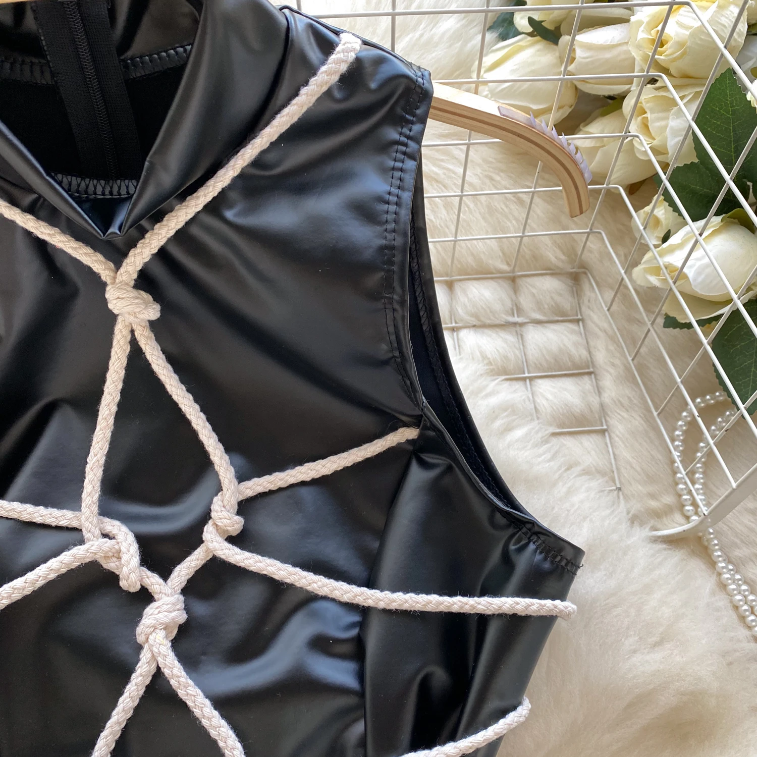 Leather Sexy Hot Sweet Slim Bodysuit Romper Women Uniform Sheath Lingerie Cosplay V Neck Full Body Sexy Binding Rope Jumpsuit