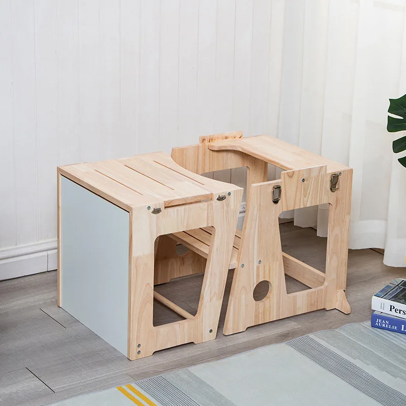 Children Washstand Steps Footstool Backrest Chair Solid Wood Non-slip Folding Ottoman Multifunctional Removable Household Stools