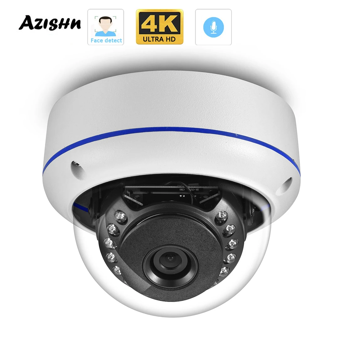 

AZISHN 2.8mm Wide Angle Vandalproof 8MP 4K IP Camera Dome Metal Face Detect Audio H.265+ 5MP 4MP POE Human AI CCTV Security Cam