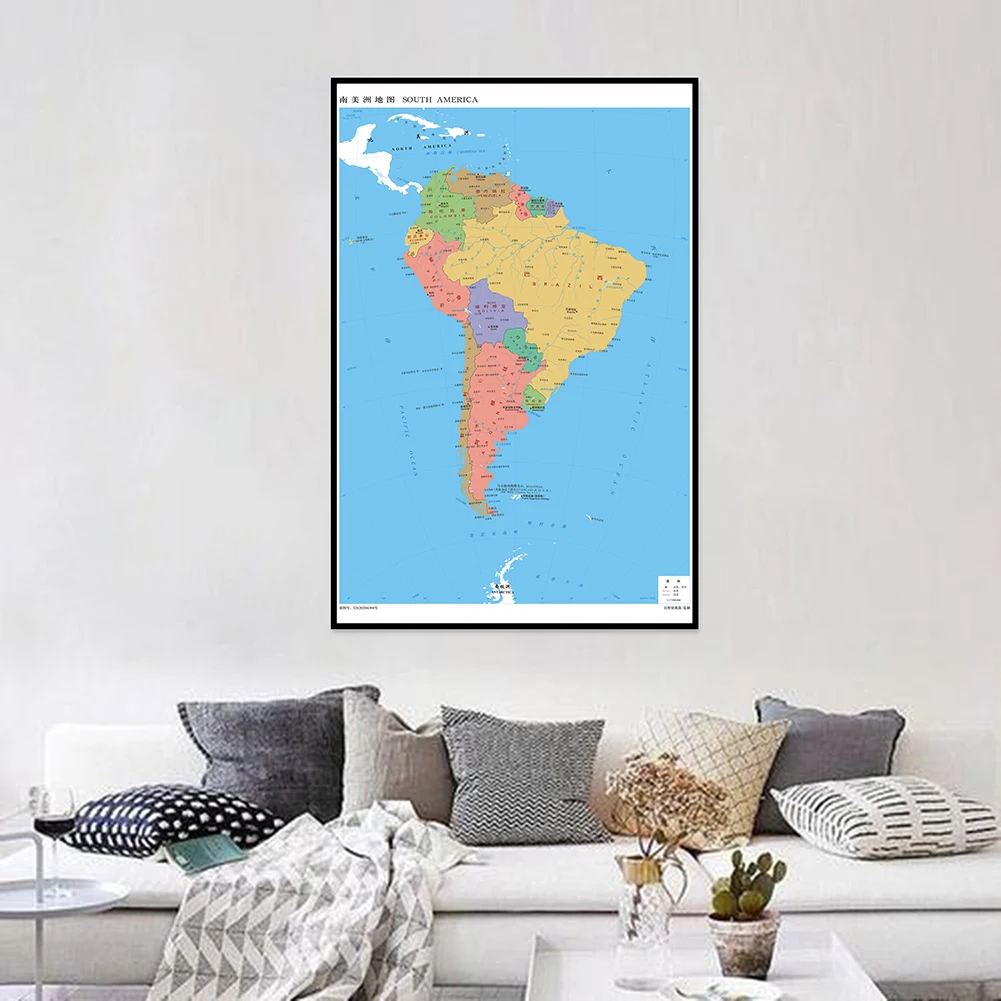 

Vertical Version The Map of South America In Chinese Language Canvas Painting Modern Wall Sticker Card Home Decor 420*594mm