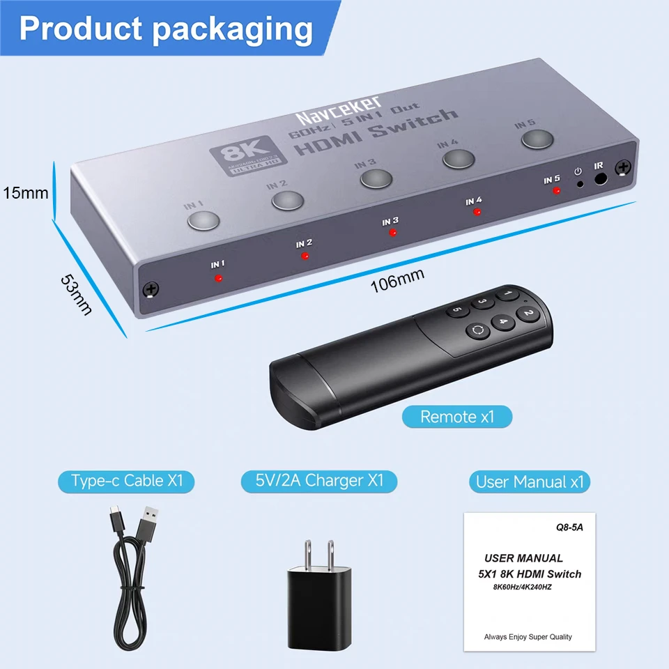 8K HDMI 2.1 Switch Splitter 4K 240Hz 5 Port HDMI 2.1 Switcher with remote 5 In 1