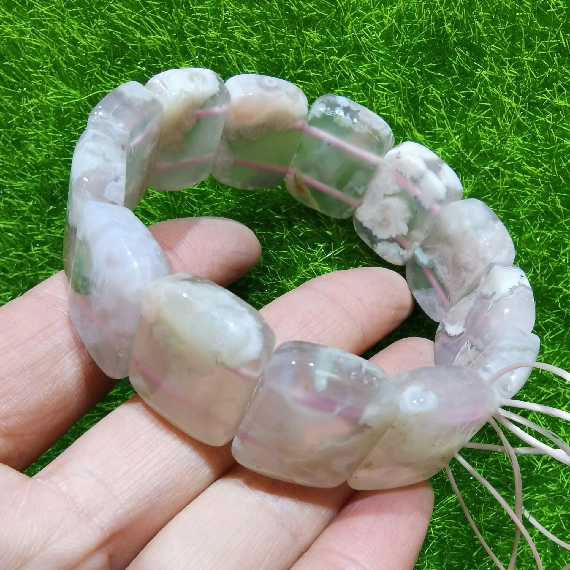

Natural Pink Flower Agate Bracelet Men Women Fine Jewelry Cherry Blossom Agate Gemstones Beads Wide Beaded Bracelets Bangles
