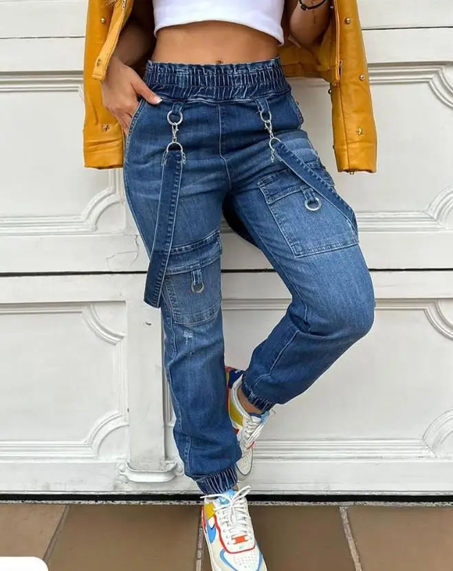 

Woman Denim Overall O-Ring Decor Pocket Design Suspender Jumpsuit for Women Fashion Jeans Trousers