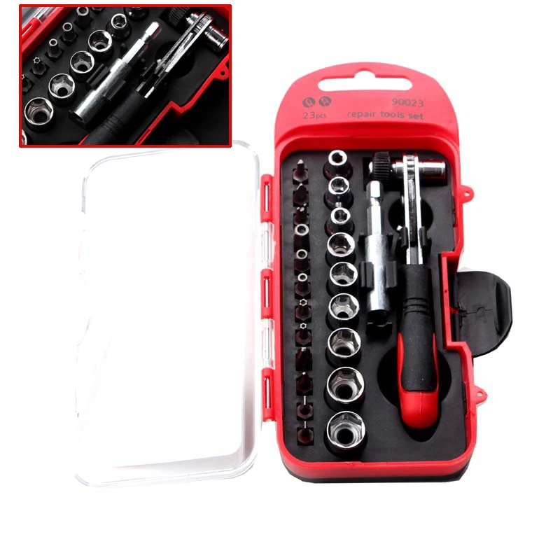 

23pcs Sleeve Screwdriver Ratchet Wrench Socket Spanner Drill Repair Tool Drill Combination Kits for Car Bike Repair