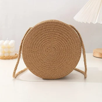 حقيبة كروس أنيقة مستديرة من القش مع فيونكة بوهيمية أنيقة بتصميم منسوج ومحفظة كروس للسفر والارتداء اليومي لقضاء عطلة الشاطئ 5