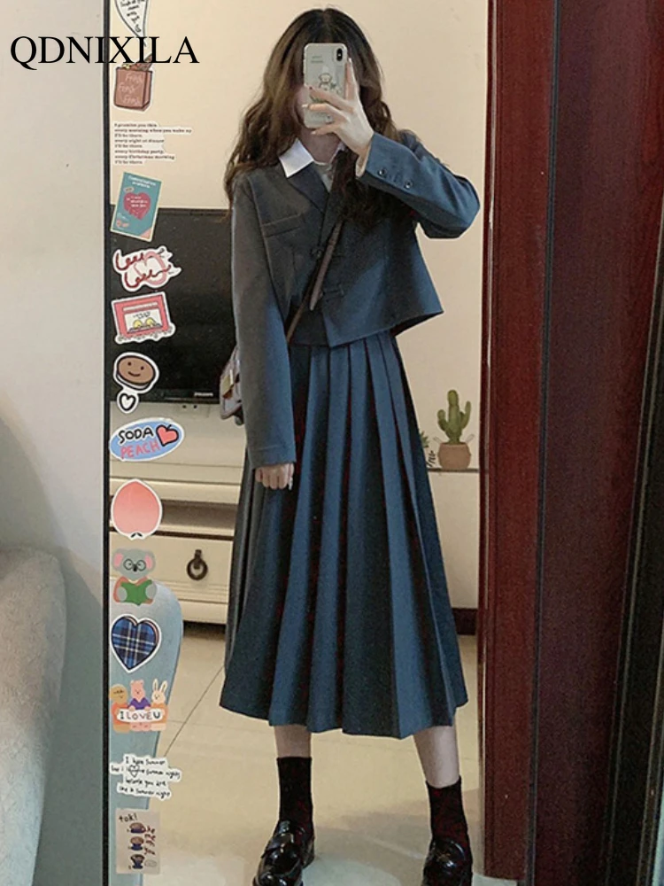 

Осенне-зимний женский костюм в стиле преппи, комплекты с платьями, корейский роскошный элегантный длинный комплект с юбкой для женщин, комплект из 2 предметов, новые подходящие комплекты