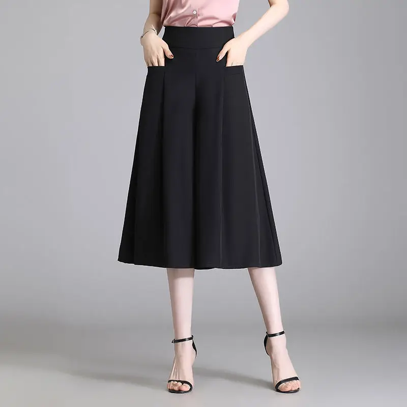 Summer Women Fashion Solid Wide Leg Capris Korean Oversized Skirt Pants Versatile Casual Elastic High Waist Ice Silk Trousers