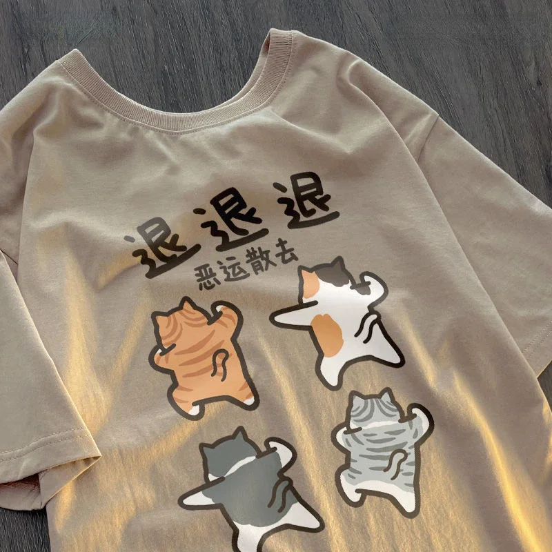 Japanese Pure Cotton Cartoon Returns Bad Luck Returns Scattered T-shirt Men and WomenFunny Pose Cat Loose Short Sleeve Top