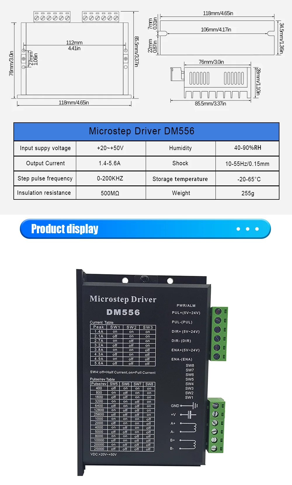Description Picture 4 of itemDM556 2 Phase Microstep Motor Driver 20-50V DC 1.4-5.6A Suitble for NEMA17 NEMA23 Stepper Motor Controller 42 57 Stepper Motor