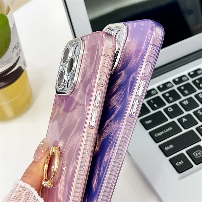 Coque de téléphone Camlet Feather Ring Holder Laser pour iPhone 16 Plus 15 14 13 Pro Max Hard PC Glitter Camera Protection Back Cover_voghion.com