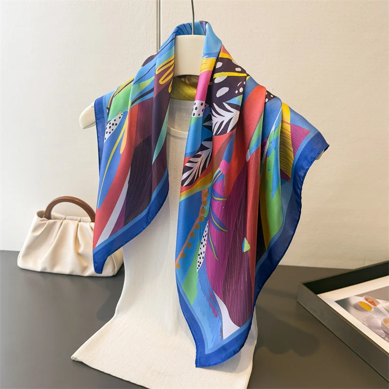70 cm quadratischer Frühlings- und Sommerschal für Damen, Seidendruck, Satin, Strandschals, Schal, Stirnband, Hijab, Bandana, Wickeltuch, Bufanda – Detail 9