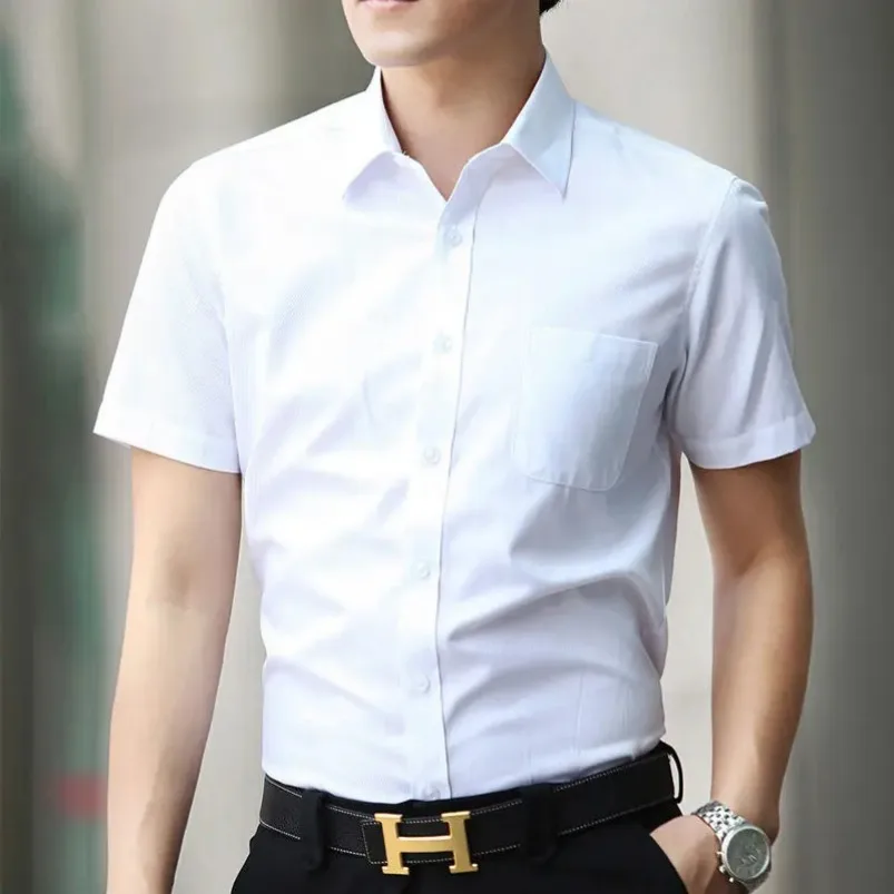 Plus Size 8XL High Quality Non-ironing Men Dress Shirt Summer Short Sleeve New Solid Male Clothing Regular Fit Business Shirts