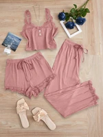 Ensemble de pyjamas 3 pièces pour femmes, vêtements de nuit, débardeur uni, shorts et pantalon, avec empiècements en dentelle, pour la maison et les loisirs 5